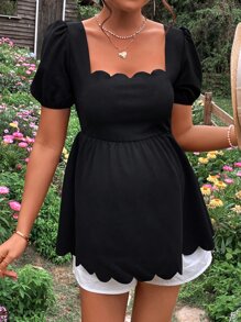 SHEIN Grossesse T-shirt À Col Carré Manches Bouffantes Festonné À Volants - Noir - Voir 3