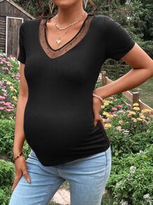 SHEIN 孕婦網紗拼接T恤 - 黑色 - 查看 4