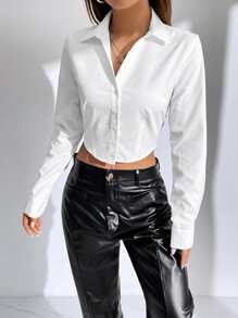 SHEIN EZwear 纯色纽扣前短款女式白色衬衫、长袖上衣 - 白色 - 查看 5