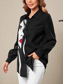 EMERY ROSE Áo sơ mi nữ Nút Con số Giải trí - màu đen - Xem 5