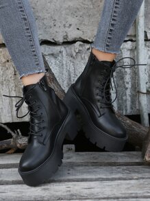 女式正面繫帶時尚靴子朋克黑色軍靴 - 黑色 - 查看 4