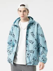 Men Letter Graphic Drop Shoulder Hooded Jacket - Mint Blue - View 1