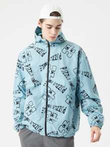 Men Letter Graphic Drop Shoulder Hooded Jacket - Mint Blue - View 3