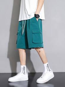 Men Flap Pocket Drawstring Waist Cargo Shorts - Dark Green - View 1