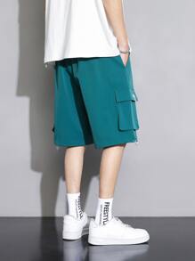 Men Flap Pocket Drawstring Waist Cargo Shorts - Dark Green - View 2