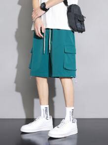 Men Flap Pocket Drawstring Waist Cargo Shorts - Dark Green - View 3