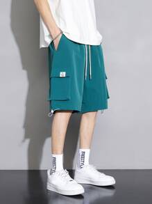 Men Flap Pocket Drawstring Waist Cargo Shorts - Dark Green - View 4