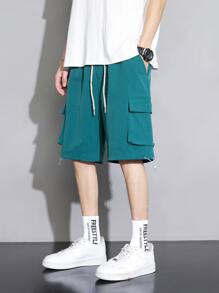 Men Flap Pocket Drawstring Waist Cargo Shorts - Dark Green - View 6