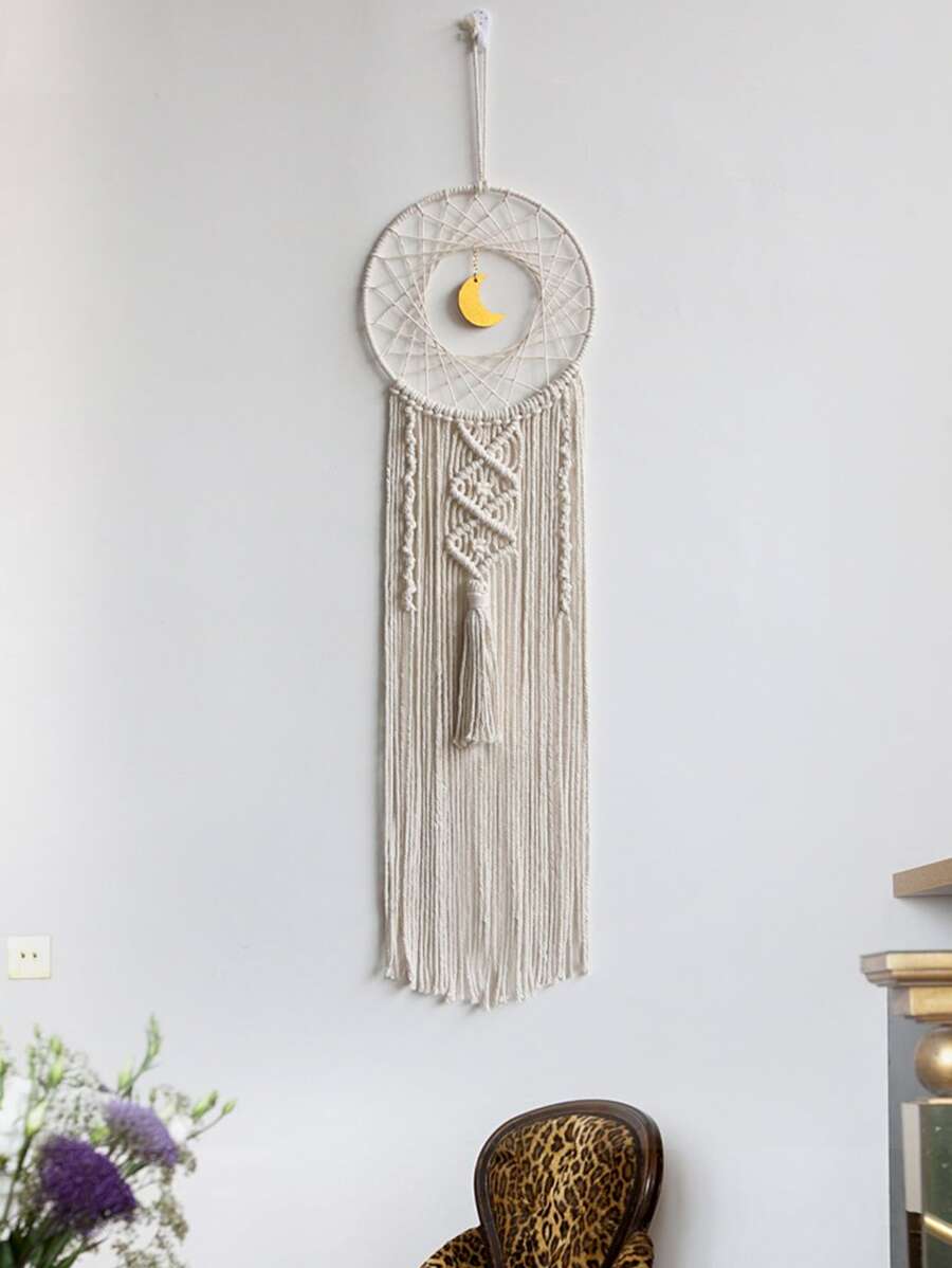 1入組米色壁掛時尚面料月亮裝飾編織家居掛飾