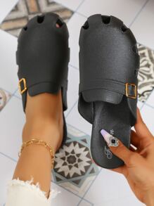 Women Buckle Decor Cut Out Clogs, Sporty Black PVC Vent Clogs - Black - View 1
