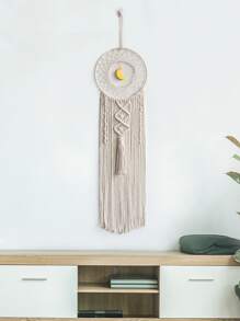 1入組米色壁掛時尚面料月亮裝飾編織家居掛飾