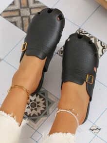 Women Buckle Decor Cut Out Clogs, Sporty Black PVC Vent Clogs - Black - View 3