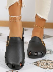 Women Buckle Decor Cut Out Clogs, Sporty Black PVC Vent Clogs - Black - View 4