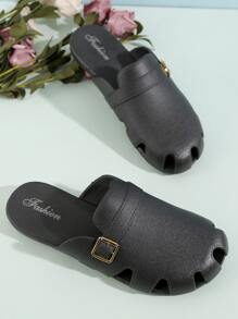Women Buckle Decor Cut Out Clogs, Sporty Black PVC Vent Clogs - Black - View 5