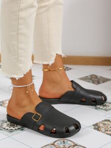 Women Buckle Decor Cut Out Clogs, Sporty Black PVC Vent Clogs - Black - View 7