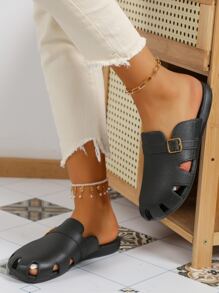 Women Buckle Decor Cut Out Clogs, Sporty Black PVC Vent Clogs - Black - View 8