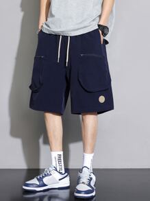 Men Pocket Side Drawstring Waist Shorts - Navy Blue - View 3