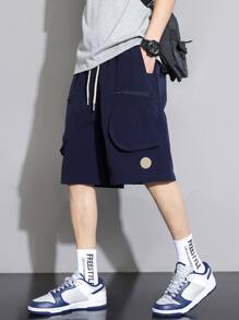 Men Pocket Side Drawstring Waist Shorts - Navy Blue - View 5