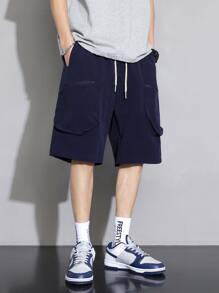Men Pocket Side Drawstring Waist Shorts - Navy Blue - View 6