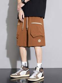 男士字母補丁細節腰部抽繩短褲 - 棕色 - 查看 3