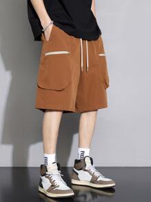 男士字母補丁細節腰部抽繩短褲 - 棕色 - 查看 4