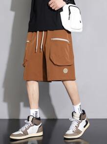 男士字母補丁細節腰部抽繩短褲 - 棕色 - 查看 5