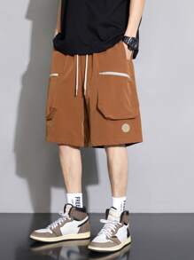 男士字母補丁細節腰部抽繩短褲 - 棕色 - 查看 6