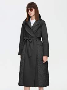 ZIAI 净色系带斜口袋连帽夹棉大衣 - 黑色 - 查看 1