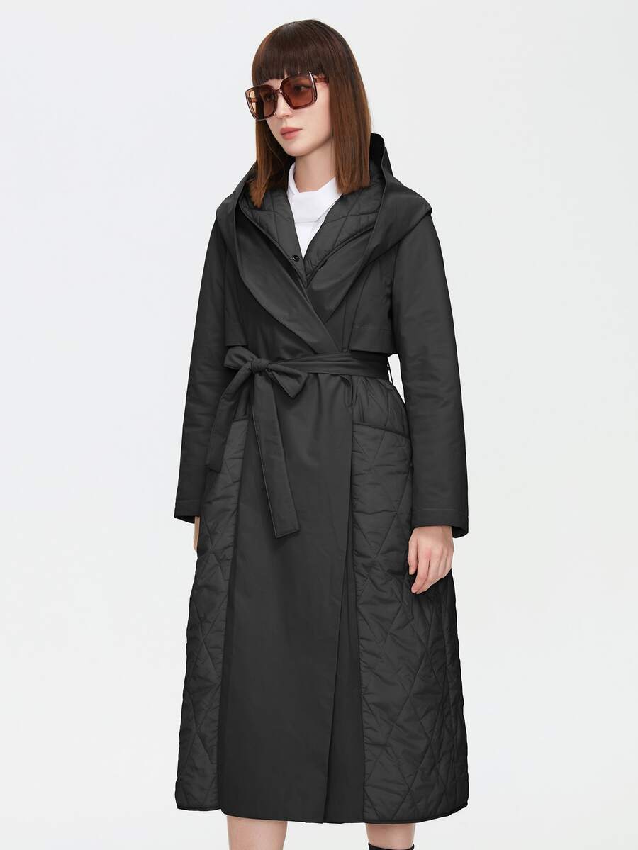 ZIAI 净色系带斜口袋连帽夹棉大衣 - 黑色 - 查看 1