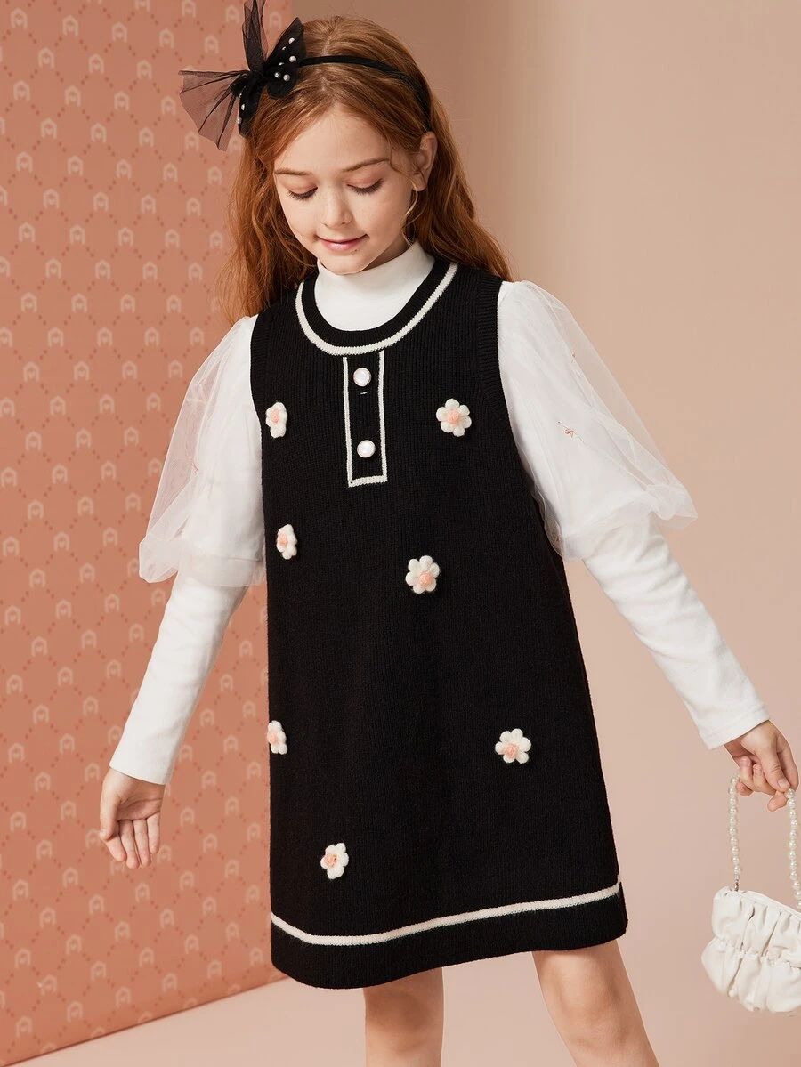 Tween Girls' Casual Sleeveless Sweater Vest And Princess Dress For Spring