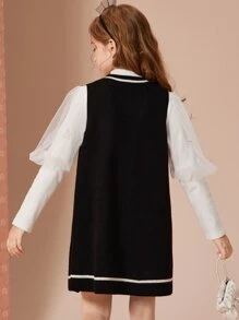 Tween Girls' Casual Sleeveless Sweater Vest And Princess Dress For Spring