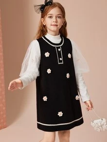 Tween Girls' Casual Sleeveless Sweater Vest And Princess Dress For Spring