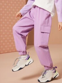 Girls Flap Pocket Side Cargo Trousers - Purple - View 3
