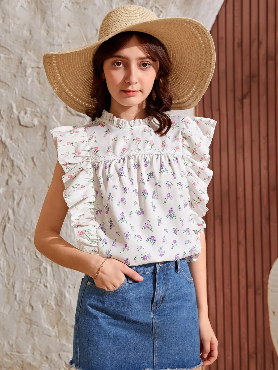 SHEIN Teen Girls Ditsy Floral Print Ruffle Trim Blouse - Multicolor - View 1