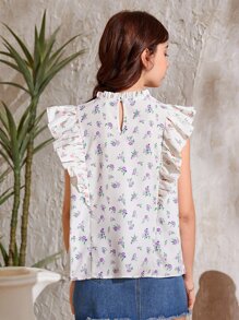 SHEIN Teen Girls Ditsy Floral Print Ruffle Trim Blouse - Multicolor - View 2