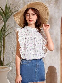 SHEIN Teen Girls Ditsy Floral Print Ruffle Trim Blouse - Multicolor - View 3