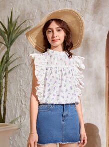 SHEIN Teen Girls Ditsy Floral Print Ruffle Trim Blouse - Multicolor - View 4