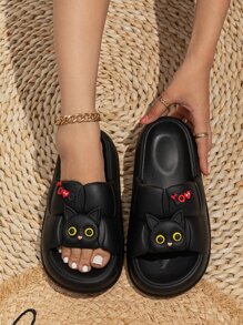 Mujer Chanclas con diseño de gato con banda única preppy negro EVA - Negro - Ver 5