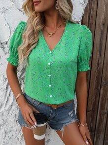 Breezaya Ditsy Floral Print Puff Sleeve Button Front Blouse - Green - View 1
