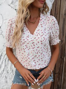 Breezaya Ditsy Floral Print Puff Sleeve Blouse - White - View 1