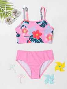 Young Girl Tropical Print Bikini Set Summer Beach - Multicolor - View 1
