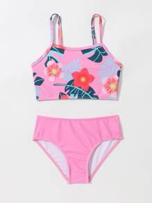 Young Girl Tropical Print Bikini Set Summer Beach - Multicolor - View 3