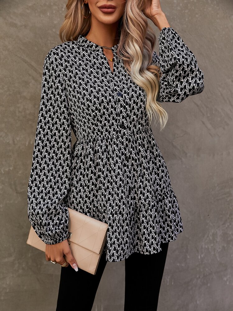 SHEIN LUNE Allover Print Notched Neckline Lantern Sleeve Peplum Blouse - Black and White - View 3
