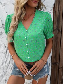 Breezaya Ditsy Floral Print Puff Sleeve Button Front Blouse - Green - View 5