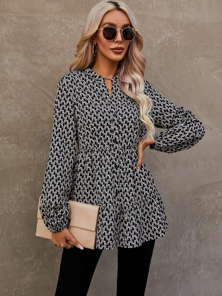 SHEIN LUNE Allover Print Notched Neckline Lantern Sleeve Peplum Blouse - Black and White - View 6