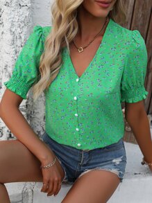 Breezaya Ditsy Floral Print Puff Sleeve Button Front Blouse - Green - View 7