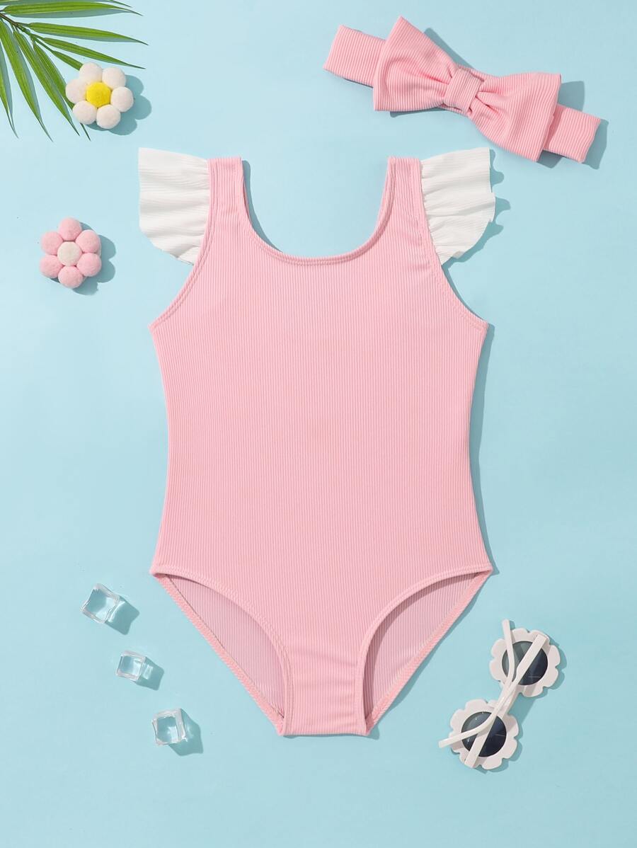 Toddler Girls Ruffle Trim One Piece Swimsuit With Headband - Baby Pink - View 1