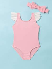 Toddler Girls Ruffle Trim One Piece Swimsuit With Headband - Baby Pink - View 4