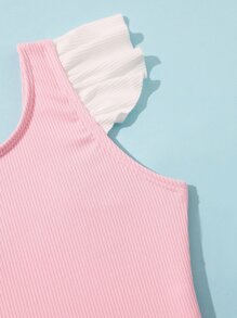 Toddler Girls Ruffle Trim One Piece Swimsuit With Headband - Baby Pink - View 5