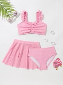 Young Girl Ruched Frill Trim Bikini Set With Beach Skirt Summer Beach - Baby Pink - View 1